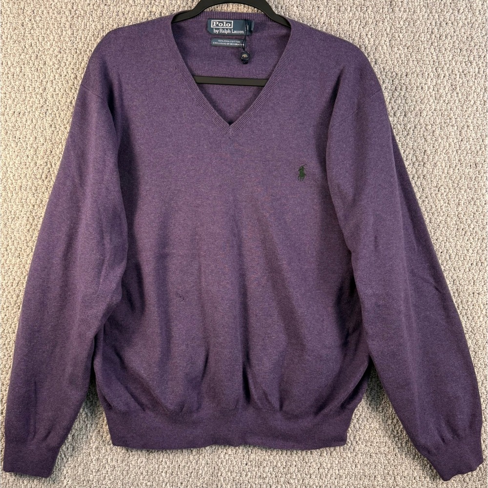 Polo Ralph Lauren V-Neck Sweater XXL Purple Pima Cotton Pony Logo Pullover Mens